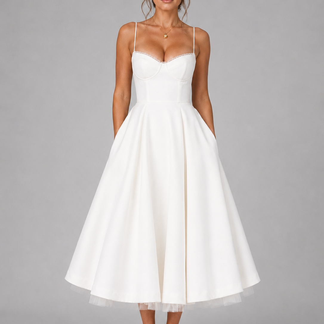 Women's Sweetheart Neck Midi Dress with Flared Skirt