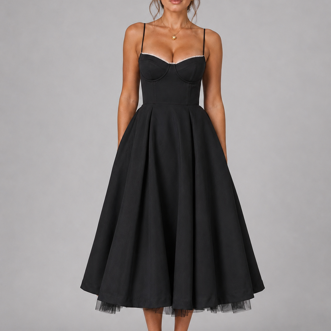 Women's Sweetheart Neck Midi Dress with Flared Skirt