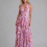 Women's Floral Halter Neck Ruffle Maxi Dress
