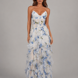 Women's Floral Ruffle Maxi Dress with Corset Bodice