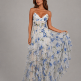 Women's Floral Ruffle Maxi Dress with Corset Bodice
