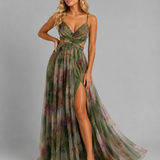 Women's Printed V-Neck Chiffon Maxi Dress