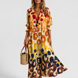 Women's Printed V-Neck Long Sleeve Maxi Dress