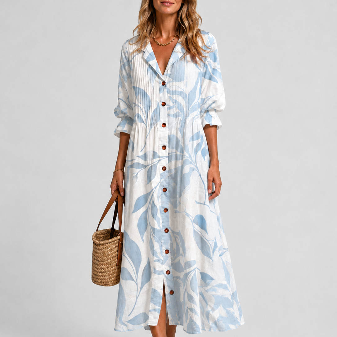 Women's Printed V-Neck Long Sleeve Maxi Dress