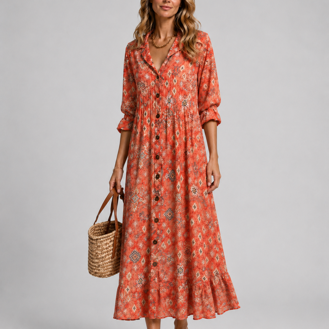 Women's Printed V-Neck Long Sleeve Maxi Dress