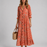 Women's Printed V-Neck Long Sleeve Maxi Dress