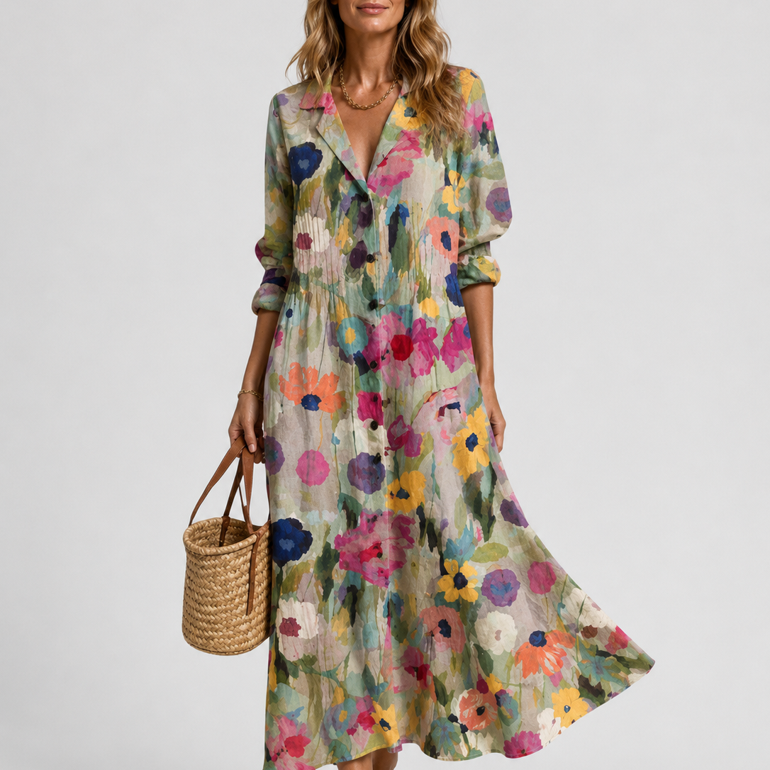 Women's Printed V-Neck Long Sleeve Maxi Dress