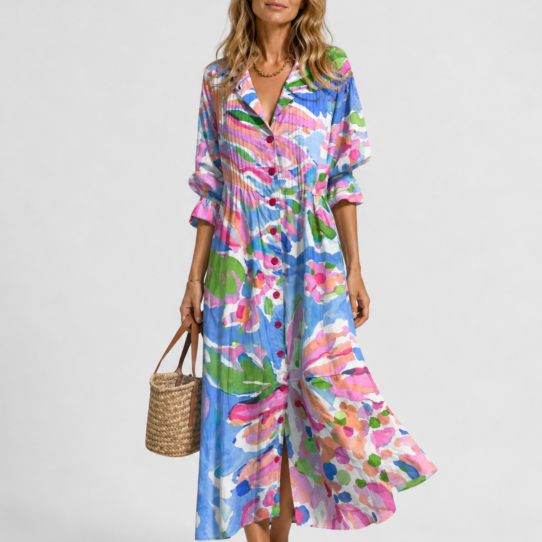 Women's Printed V-Neck Long Sleeve Maxi Dress