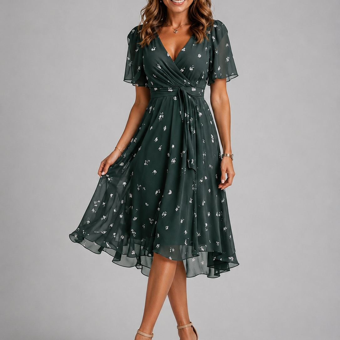 Women's Printed V-Neck Midi Dress with Flutter Sleeves