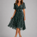Women's Printed V-Neck Midi Dress with Flutter Sleeves