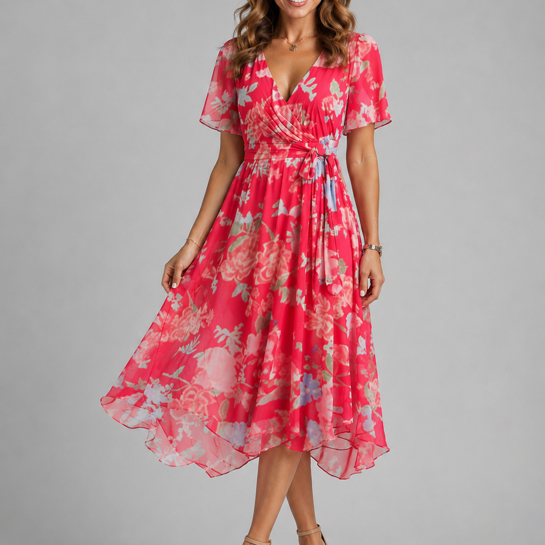 Women's Printed V-Neck Midi Dress with Flutter Sleeves