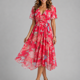 Women's Printed V-Neck Midi Dress with Flutter Sleeves
