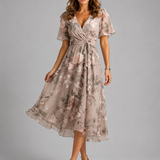 Women's Printed V-Neck Midi Dress with Flutter Sleeves