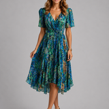 Women's Printed V-Neck Midi Dress with Flutter Sleeves