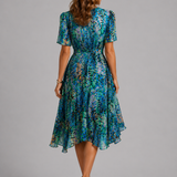 Women's Printed V-Neck Midi Dress with Flutter Sleeves