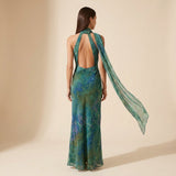 Halter Neck Printed Maxi Dress with Open Back