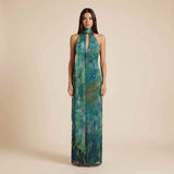 Halter Neck Printed Maxi Dress with Open Back