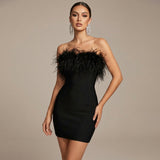 Strapless Feather Trim Mini Dress with Bodycon Fit