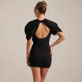 Puff Sleeve Bodycon Mini Dress with High Neck