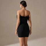 Strapless Feather Trim Mini Dress with Bodycon Fit