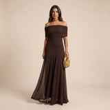 Off Shoulder Chiffon Maxi Dress with Flowing Skirt