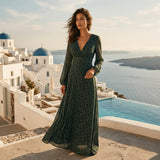 Boho Long Sleeve Maxi Dress with Deep V Neck
