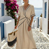 Women's Contrast Trim V-Neck Maxi Dress with Pockets