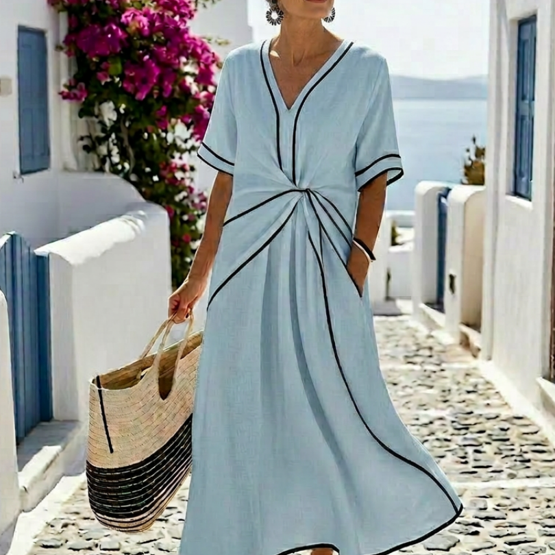 Women's Contrast Trim V-Neck Maxi Dress with Pockets