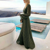 Boho Long Sleeve Maxi Dress with Deep V Neck