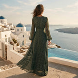 Boho Long Sleeve Maxi Dress with Deep V Neck