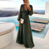 Boho Long Sleeve Maxi Dress with Deep V Neck