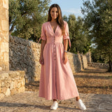 Button Front Midi Dress with V Neck and Waist Tie