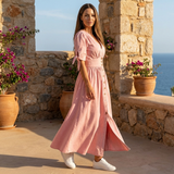 Button Front Midi Dress with V Neck and Waist Tie