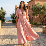 Button Front Midi Dress with V Neck and Waist Tie