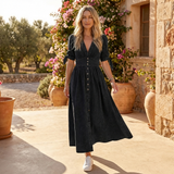 Button Front Midi Dress with V Neck and Waist Tie