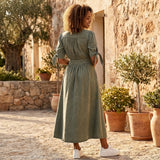 Button Front Midi Dress with V Neck and Waist Tie