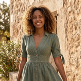 Button Front Midi Dress with V Neck and Waist Tie