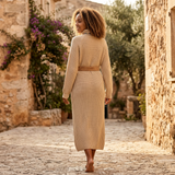 Ribbed Knit Midi Dress with Long Sleeves and High Neck