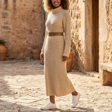 Ribbed Knit Midi Dress with Long Sleeves and High Neck