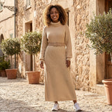 Ribbed Knit Midi Dress with Long Sleeves and High Neck