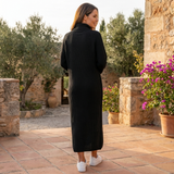 Ribbed Knit Midi Dress with Long Sleeves and High Neck