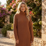 Ribbed Knit Midi Dress with Long Sleeves and High Neck