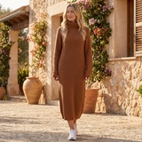 Ribbed Knit Midi Dress with Long Sleeves and High Neck