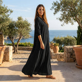 Loose Fit Maxi Shirt Dress with Long Sleeves and V Neck