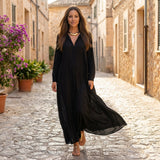 Loose Fit Maxi Shirt Dress with Long Sleeves and V Neck