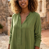 Loose Fit Maxi Shirt Dress with Long Sleeves and V Neck