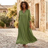 Loose Fit Maxi Shirt Dress with Long Sleeves and V Neck