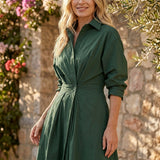 Button Front Maxi Shirt Dress with Waist Tie and Long Sleeves