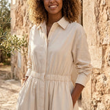 Button Front Maxi Shirt Dress with Waist Tie and Long Sleeves