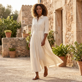 Button Front Maxi Shirt Dress with Waist Tie and Long Sleeves